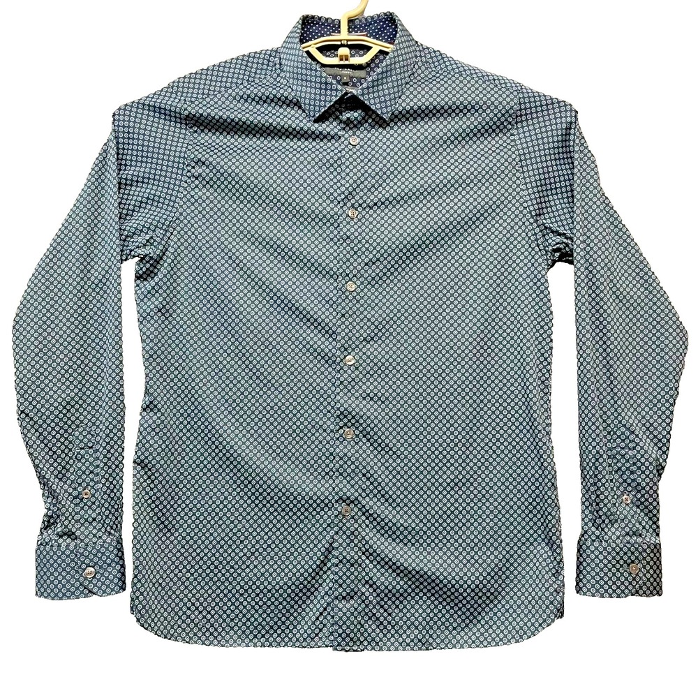 Ted Baker Long Sleeve Dress Shirt‎ Mens L Blue Stretch Micro Geometric Pattern